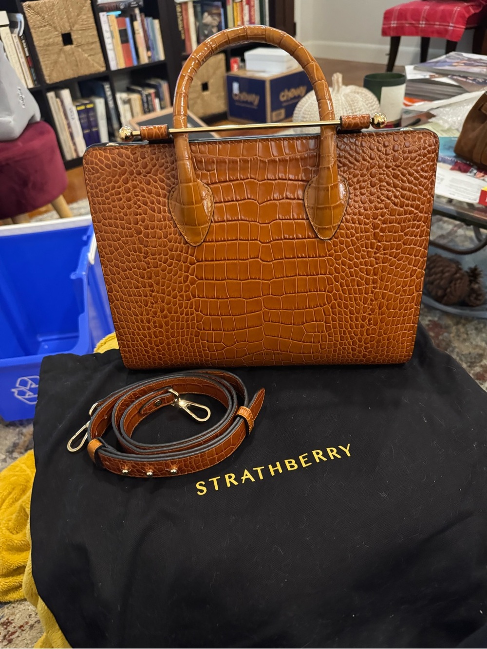 Strathberry Cognac Croc-Embossed Top Handle Satchel